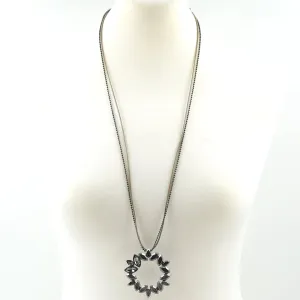 Leather & ball chain long necklace w/circle petal pendant