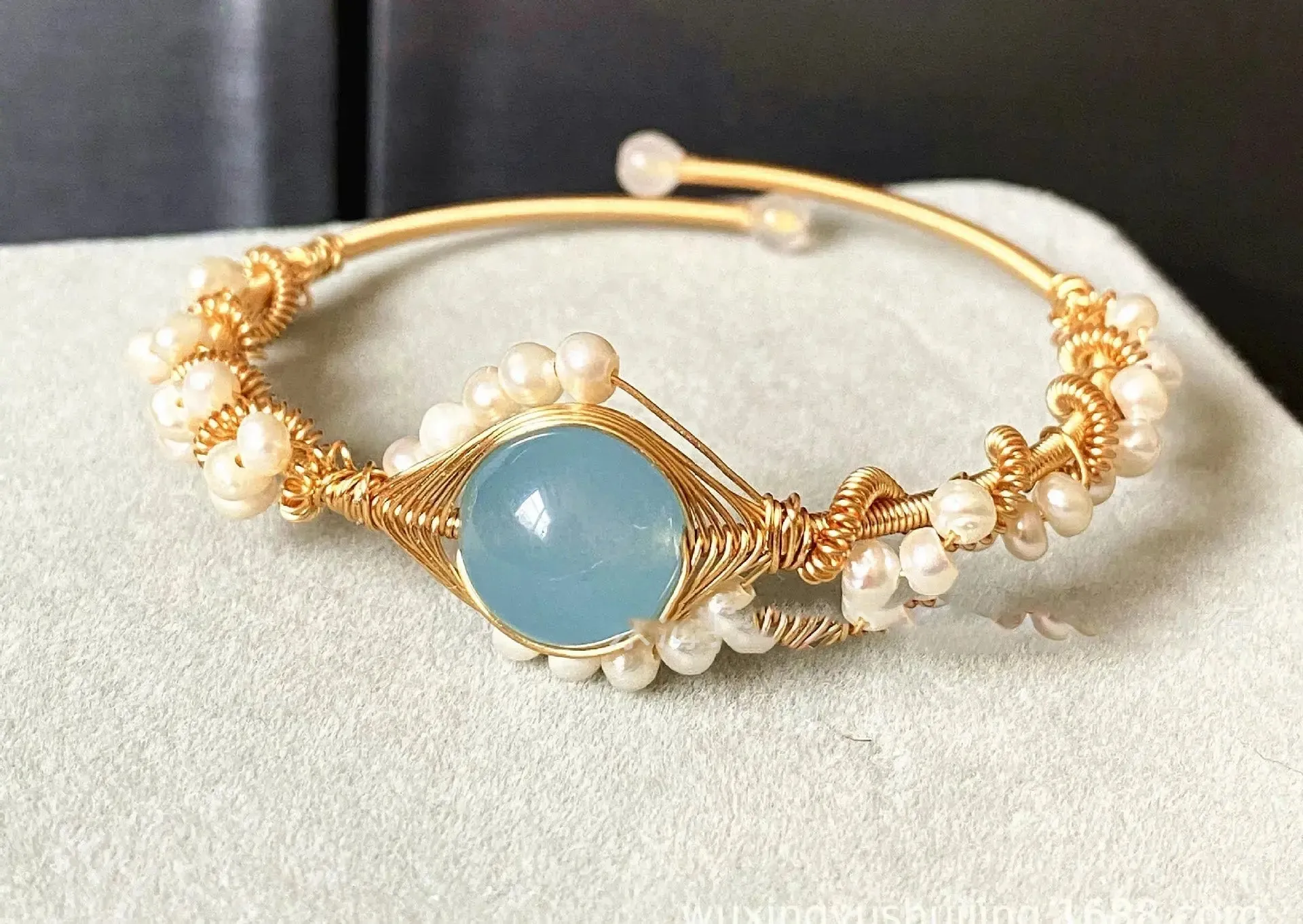 LOVCIA 14K Gold Wrapped Handmade Bracelet Hailan Baohai Sapphire Natural White Pearl Bracelet