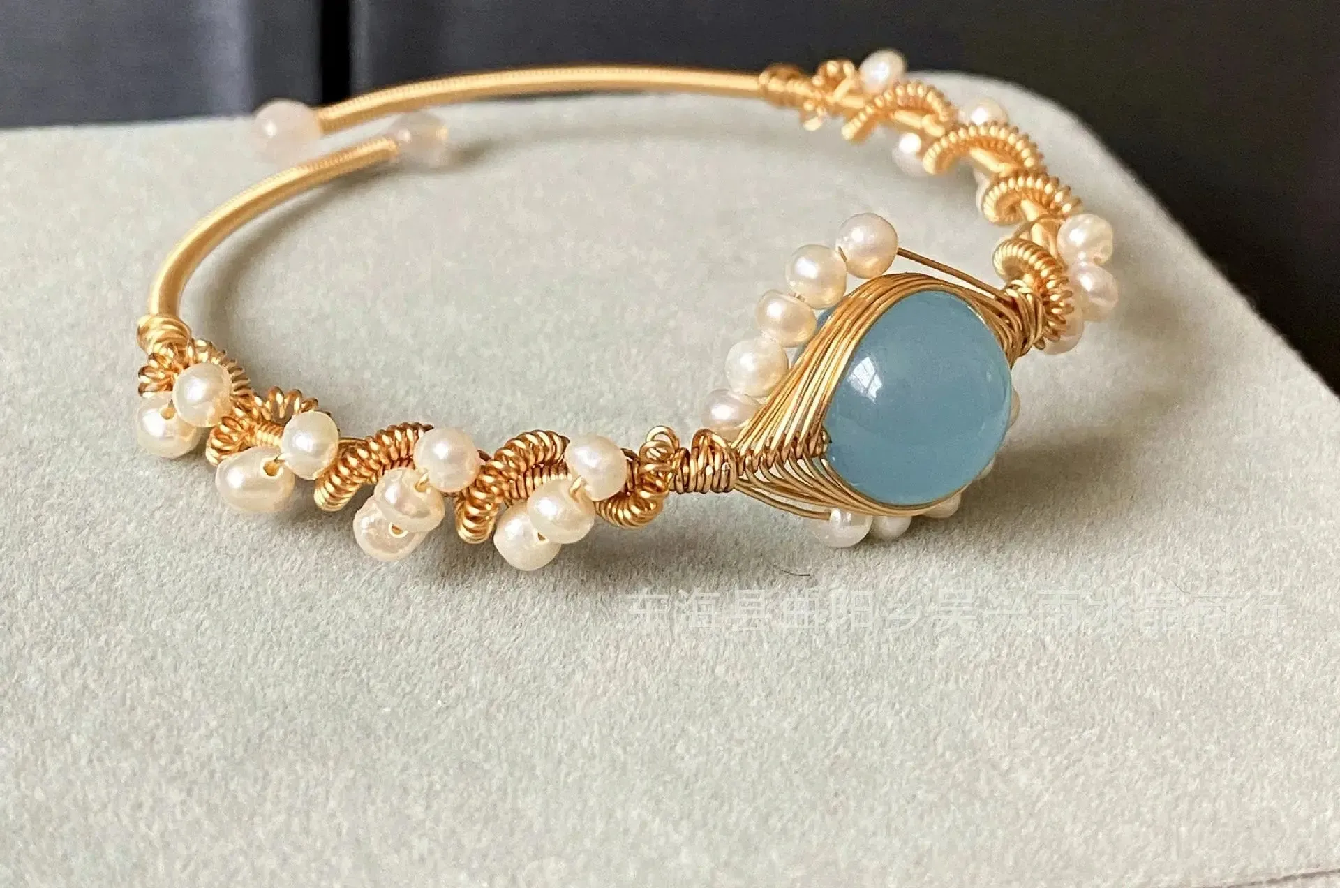 LOVCIA 14K Gold Wrapped Handmade Bracelet Hailan Baohai Sapphire Natural White Pearl Bracelet