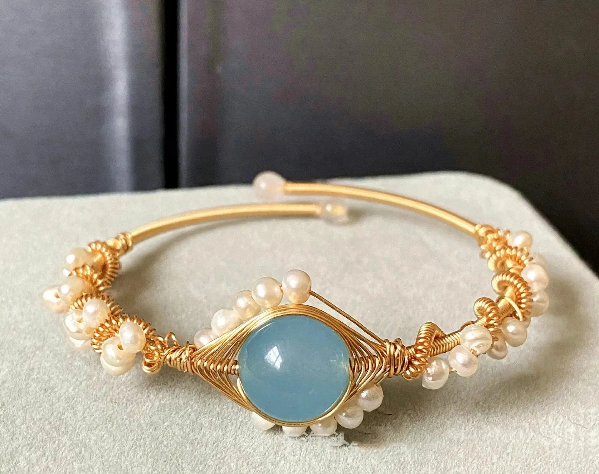 LOVCIA 14K Gold Wrapped Handmade Bracelet Hailan Baohai Sapphire Natural White Pearl Bracelet