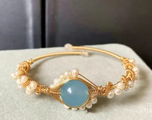 LOVCIA 14K Gold Wrapped Handmade Bracelet Hailan Baohai Sapphire Natural White Pearl Bracelet