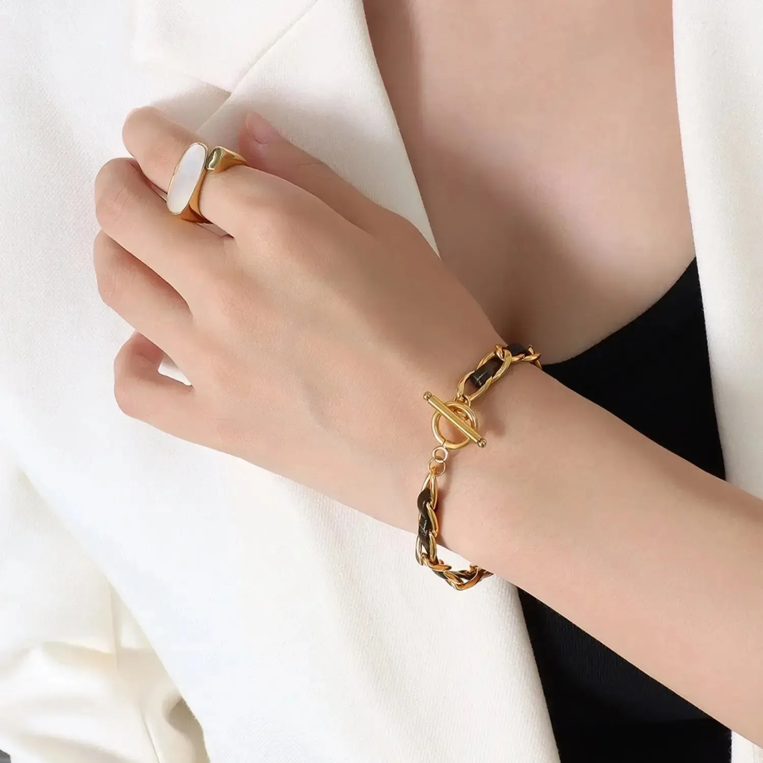 LOVCIA 18K Gold-Plated Leather Chain Bracelet