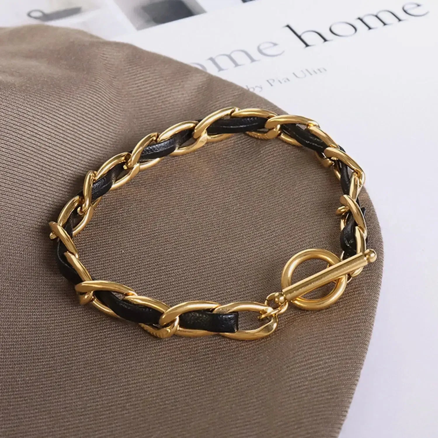 LOVCIA 18K Gold-Plated Leather Chain Bracelet