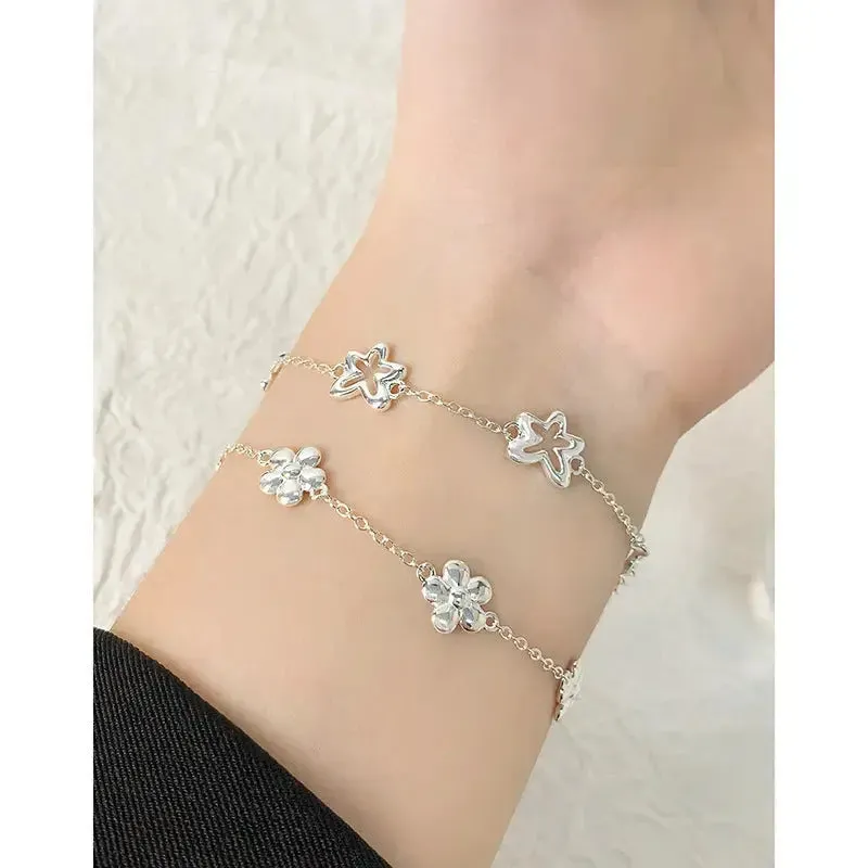 LOVCIA 18K Gold Plated Sterling Silver Little Flower Charm Bracelet for Women