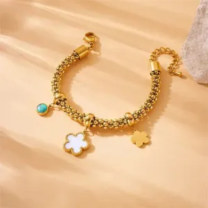 LOVCIA Floral Charm Turquoise Gold Plated Stainless Steel Bracelet for Women