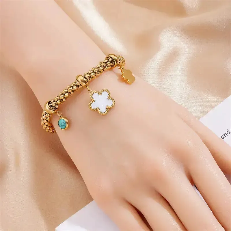 LOVCIA Floral Charm Turquoise Gold Plated Stainless Steel Bracelet for Women