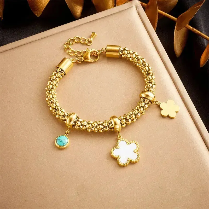 LOVCIA Floral Charm Turquoise Gold Plated Stainless Steel Bracelet for Women