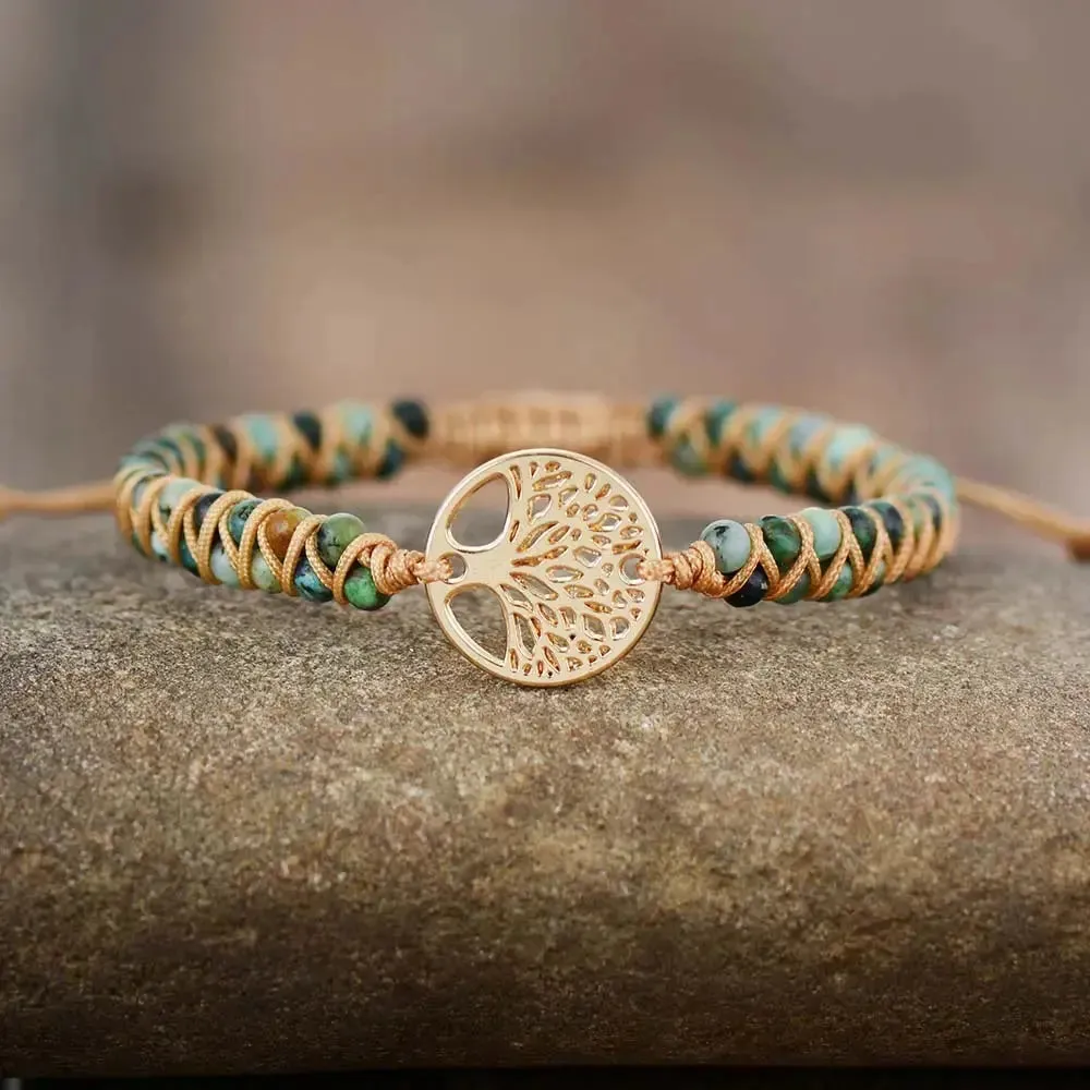 LOVCIA Handmade Tree of Life Charm Bracelet for Women with African Jasper Stone in Braided Pattern
