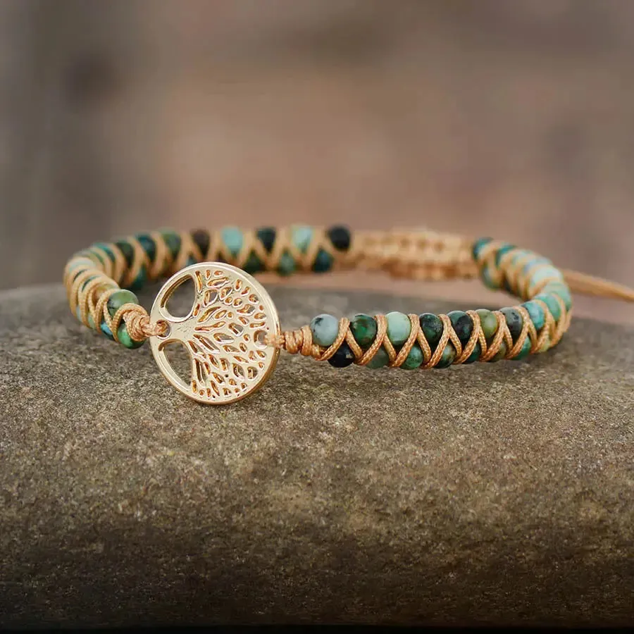 LOVCIA Handmade Tree of Life Charm Bracelet for Women with African Jasper Stone in Braided Pattern