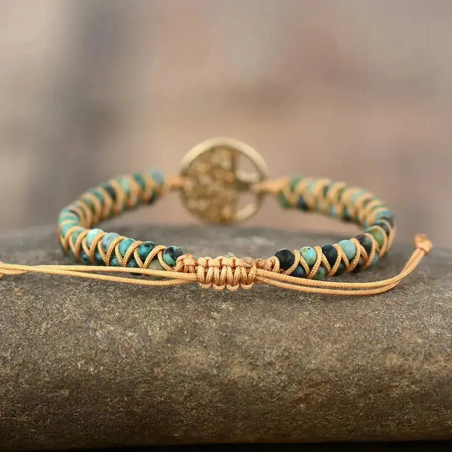 LOVCIA Handmade Tree of Life Charm Bracelet for Women with African Jasper Stone in Braided Pattern