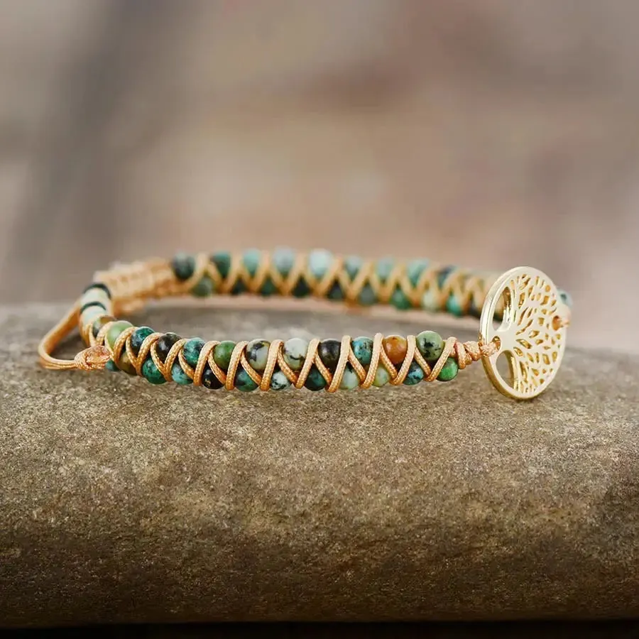 LOVCIA Handmade Tree of Life Charm Bracelet for Women with African Jasper Stone in Braided Pattern
