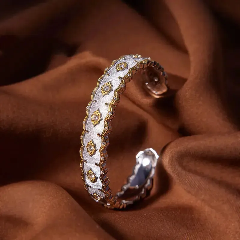 LOVCIA Luxurious Sterling Silver Handcrafted Bangle Bracelet for Women with Diamond-Shape Embossed Motifs
