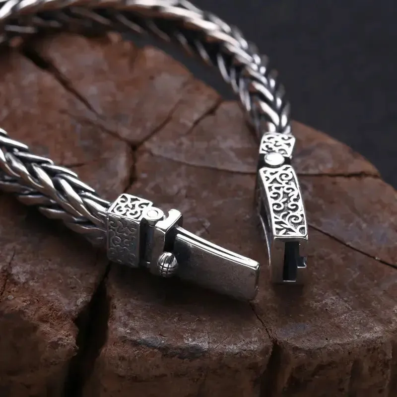 LOVCIA Men's Sterling Silver Bracelet in Vintage Style Braided Pattern - Handcrafted Unique Men's Bracelet Design