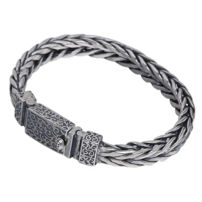 LOVCIA Men's Sterling Silver Bracelet in Vintage Style Braided Pattern - Handcrafted Unique Men's Bracelet Design