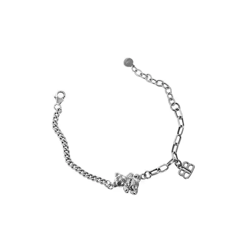 LOVCIA Vintage Asymmetry Paperclip Curb Chain B Bear 925 Sterling Silver Bracelet