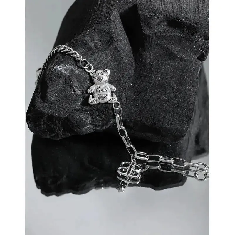 LOVCIA Vintage Asymmetry Paperclip Curb Chain B Bear 925 Sterling Silver Bracelet