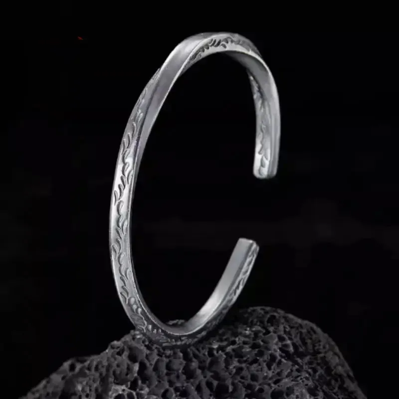 LOVCIA Vintage Style Silver Cuff Bracelet for Men – Handcrafted Engraved Patterned Open Bangle