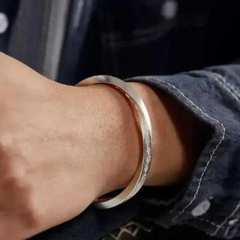 LOVCIA Vintage Style Silver Cuff Bracelet for Men – Handcrafted Engraved Patterned Open Bangle