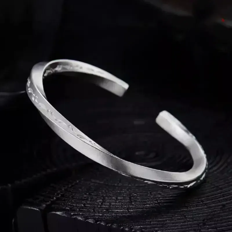 LOVCIA Vintage Style Silver Cuff Bracelet for Men – Handcrafted Engraved Patterned Open Bangle