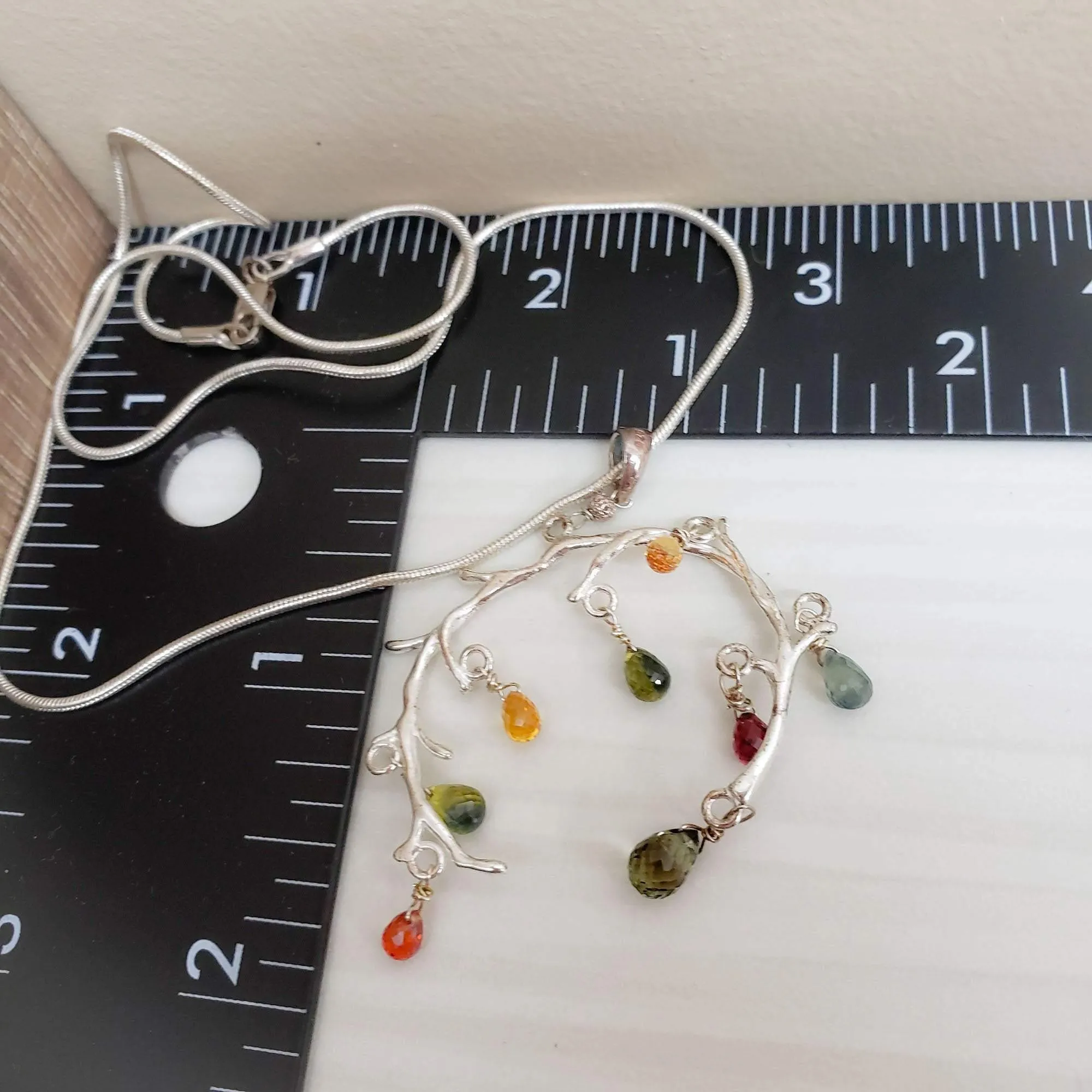 Natural Faceted Multicolor Sapphire and Sterling Silver tree branch necklace