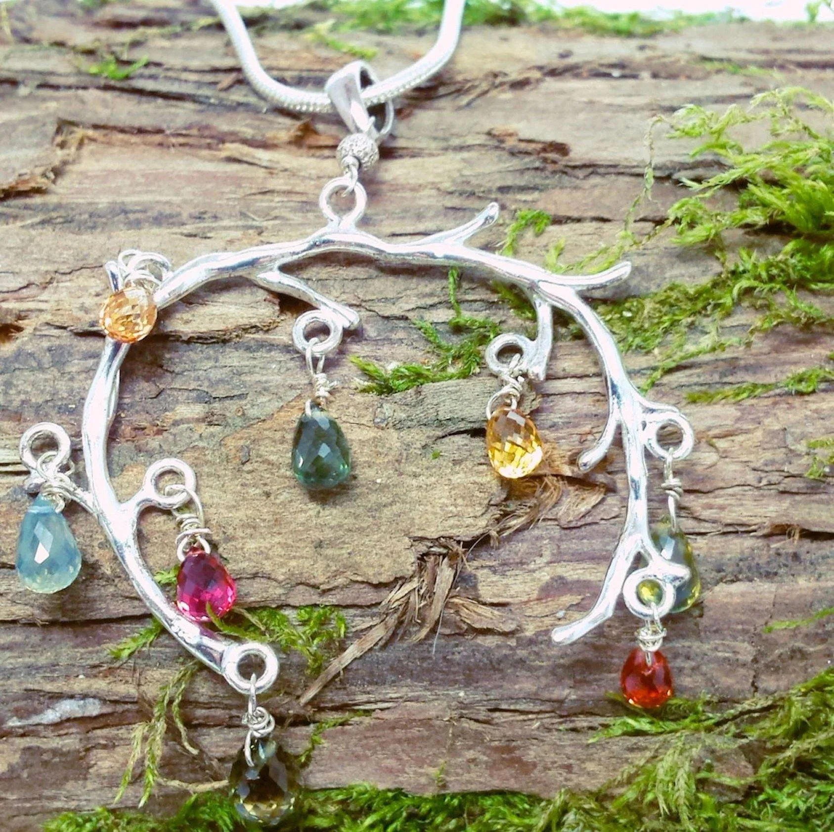 Natural Faceted Multicolor Sapphire and Sterling Silver tree branch necklace