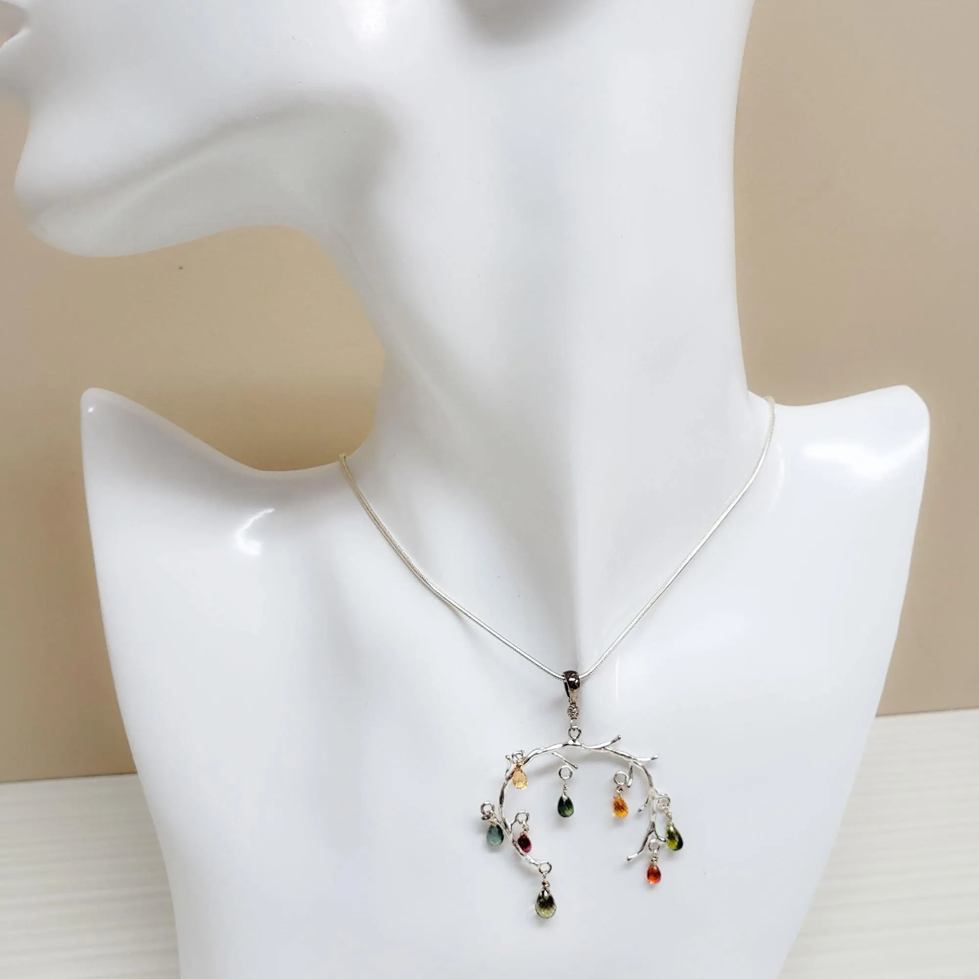 Natural Faceted Multicolor Sapphire and Sterling Silver tree branch necklace