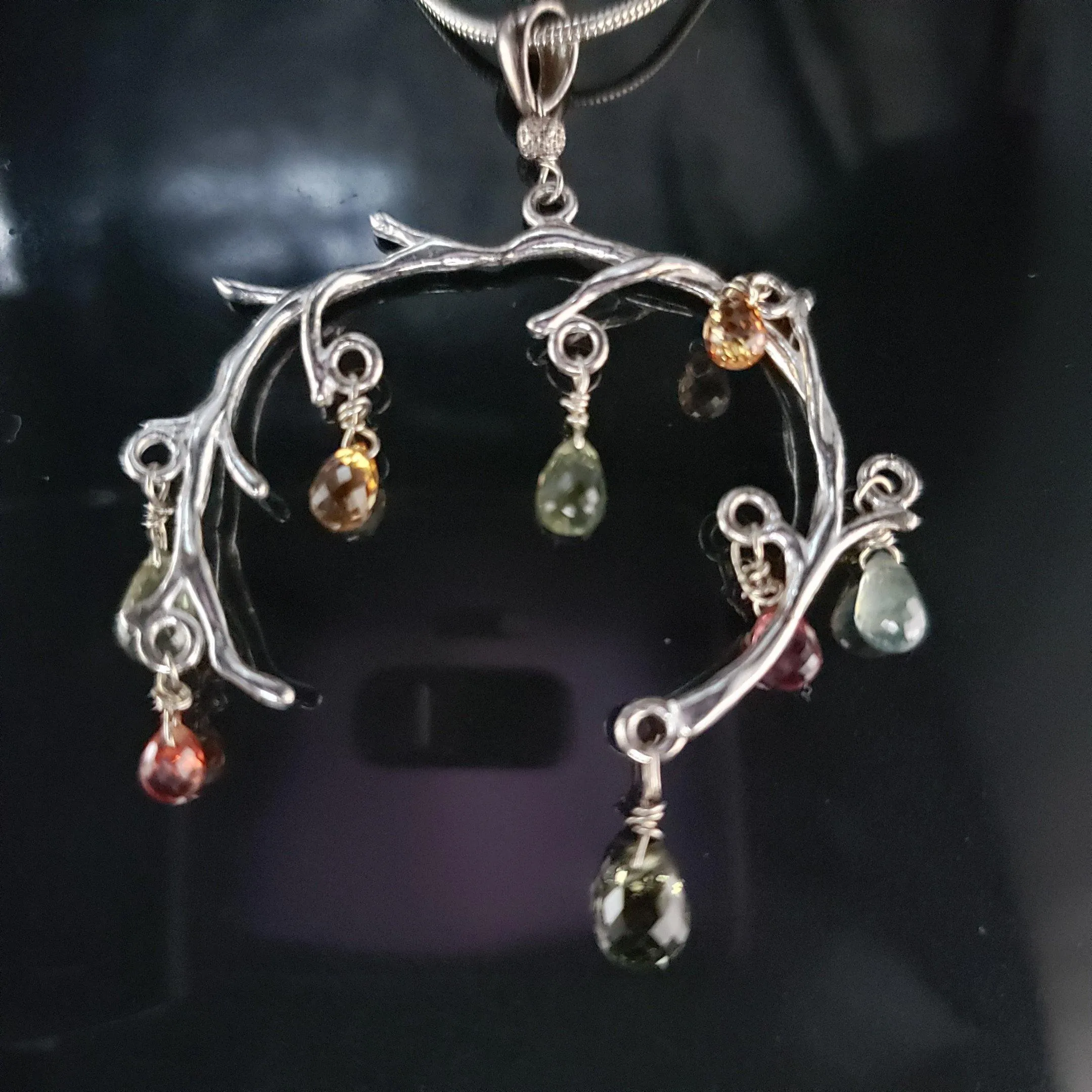 Natural Faceted Multicolor Sapphire and Sterling Silver tree branch necklace