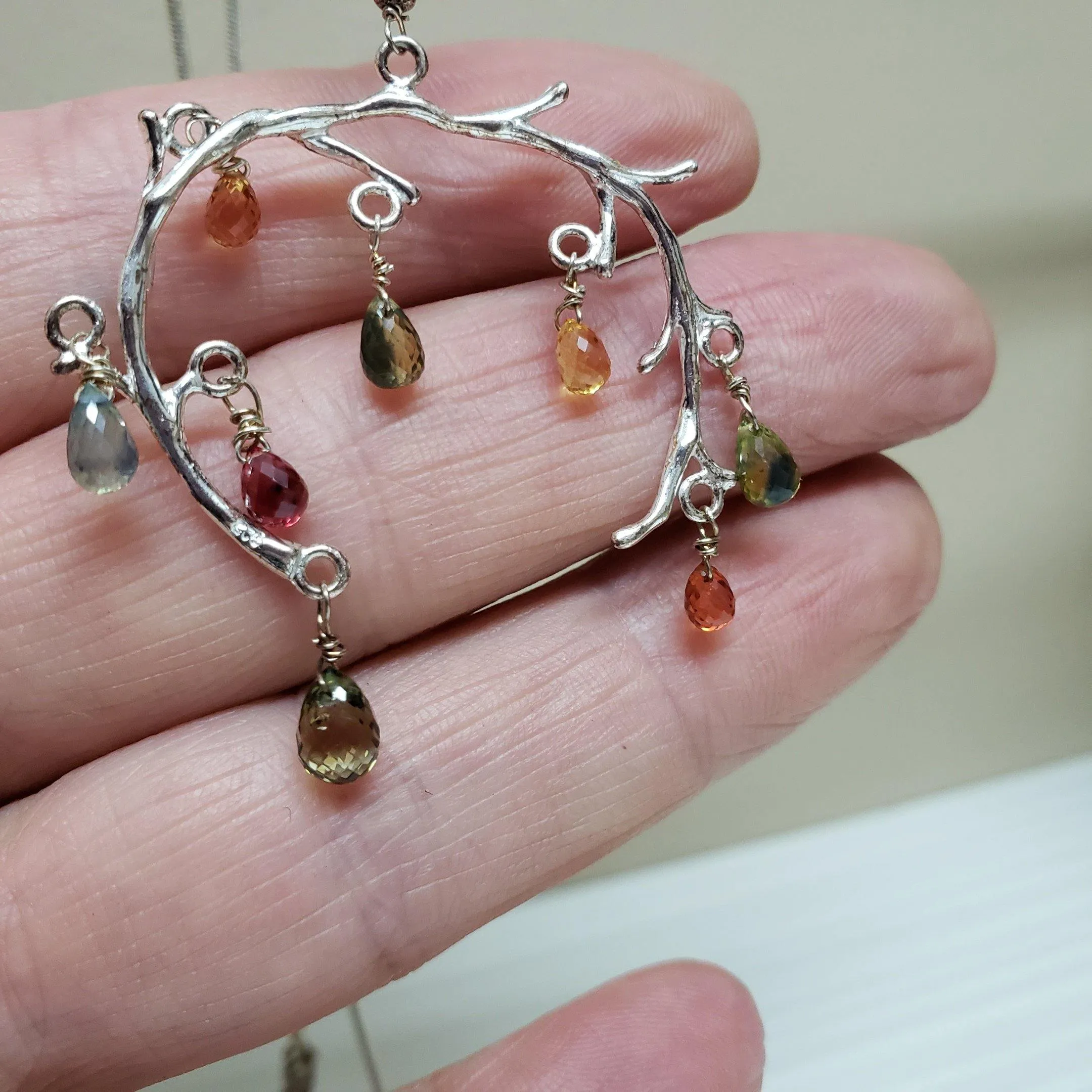 Natural Faceted Multicolor Sapphire and Sterling Silver tree branch necklace