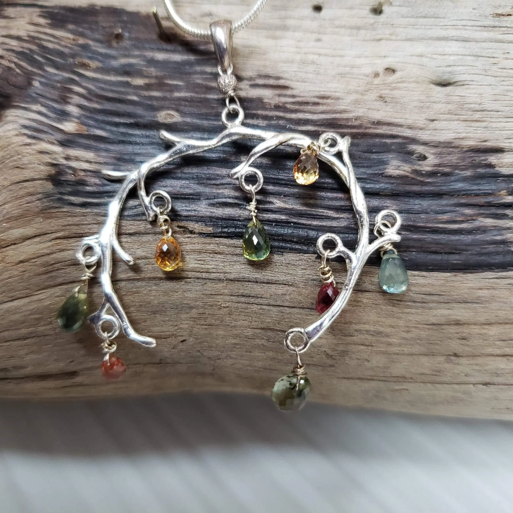 Natural Faceted Multicolor Sapphire and Sterling Silver tree branch necklace