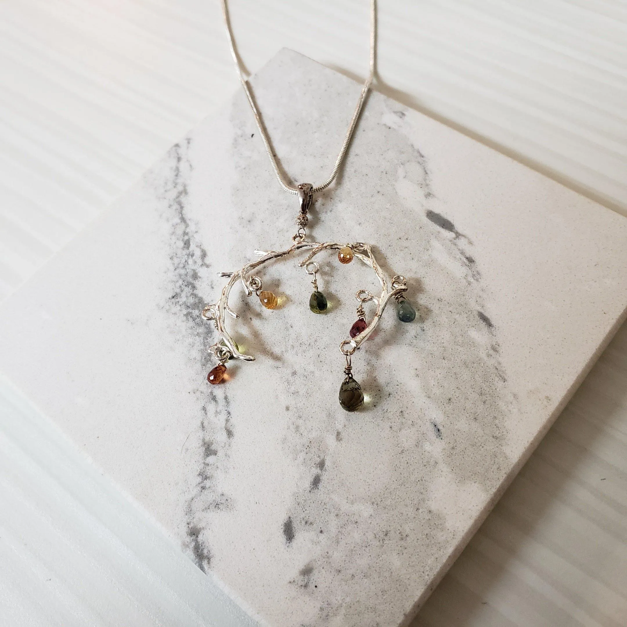 Natural Faceted Multicolor Sapphire and Sterling Silver tree branch necklace