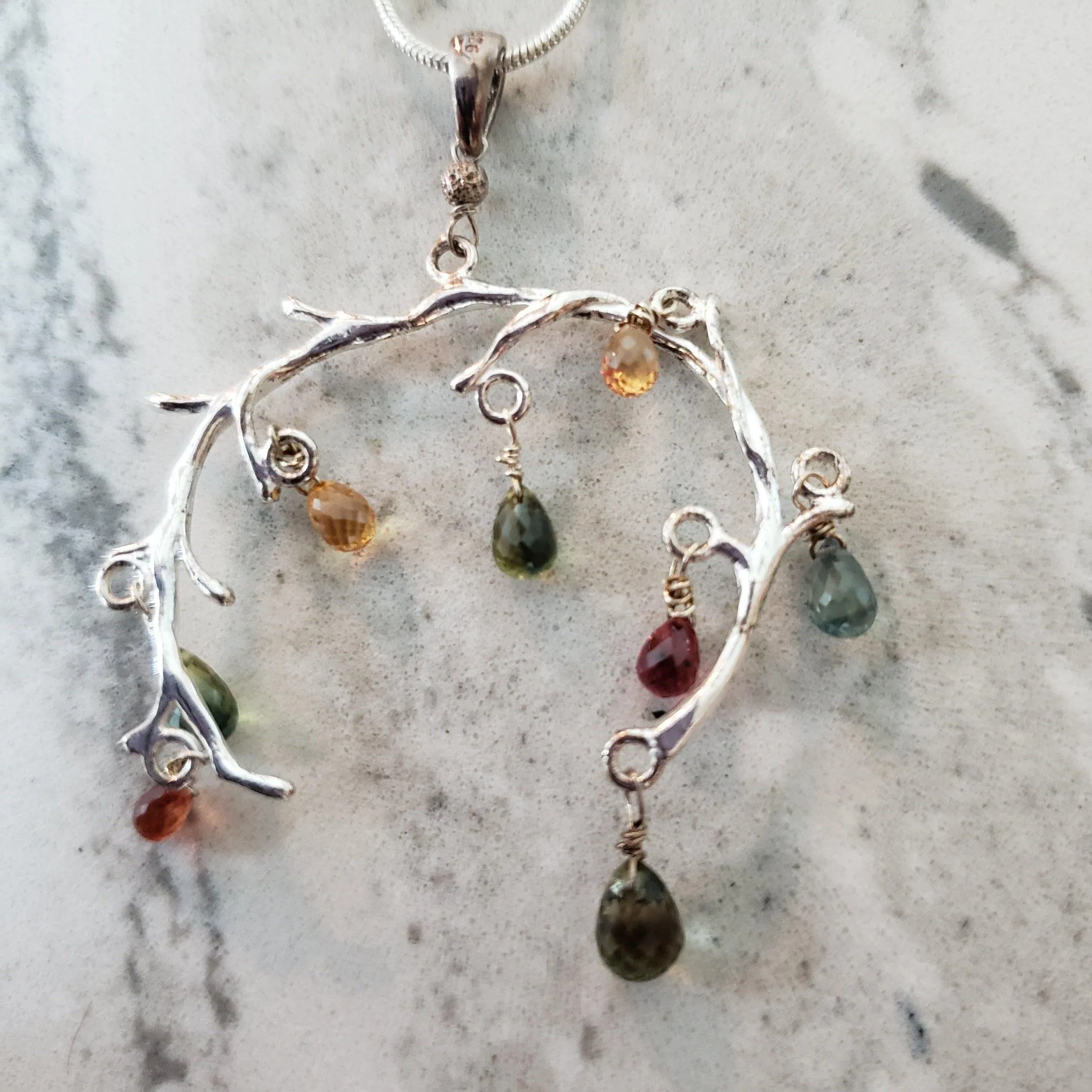 Natural Faceted Multicolor Sapphire and Sterling Silver tree branch necklace