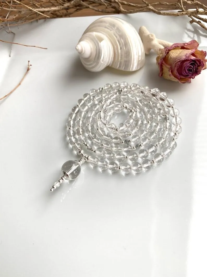 Natural rock crystal 6mm 108 Mala Beads, Spiritual, Meditation Beads, Reiki, Japa Mala, Buddhist Prayer Beads, Yoga Bracelet, healing beads LKMALA-RRGU-3432