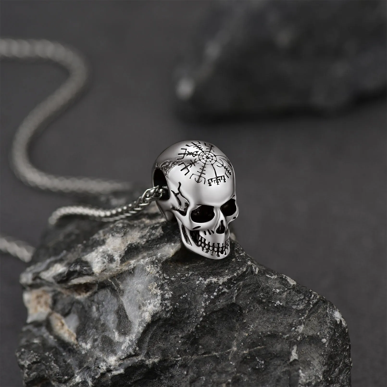 Nordic Viking Compass Skull Pendant Necklace for Men