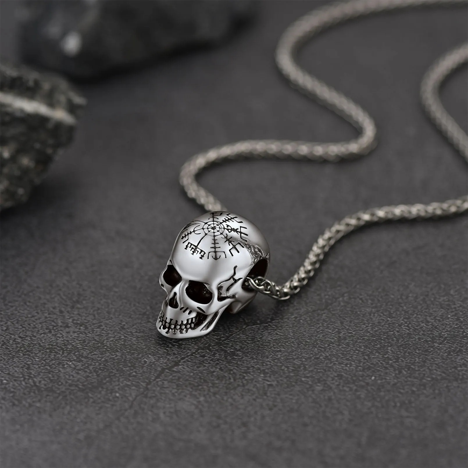 Nordic Viking Compass Skull Pendant Necklace for Men