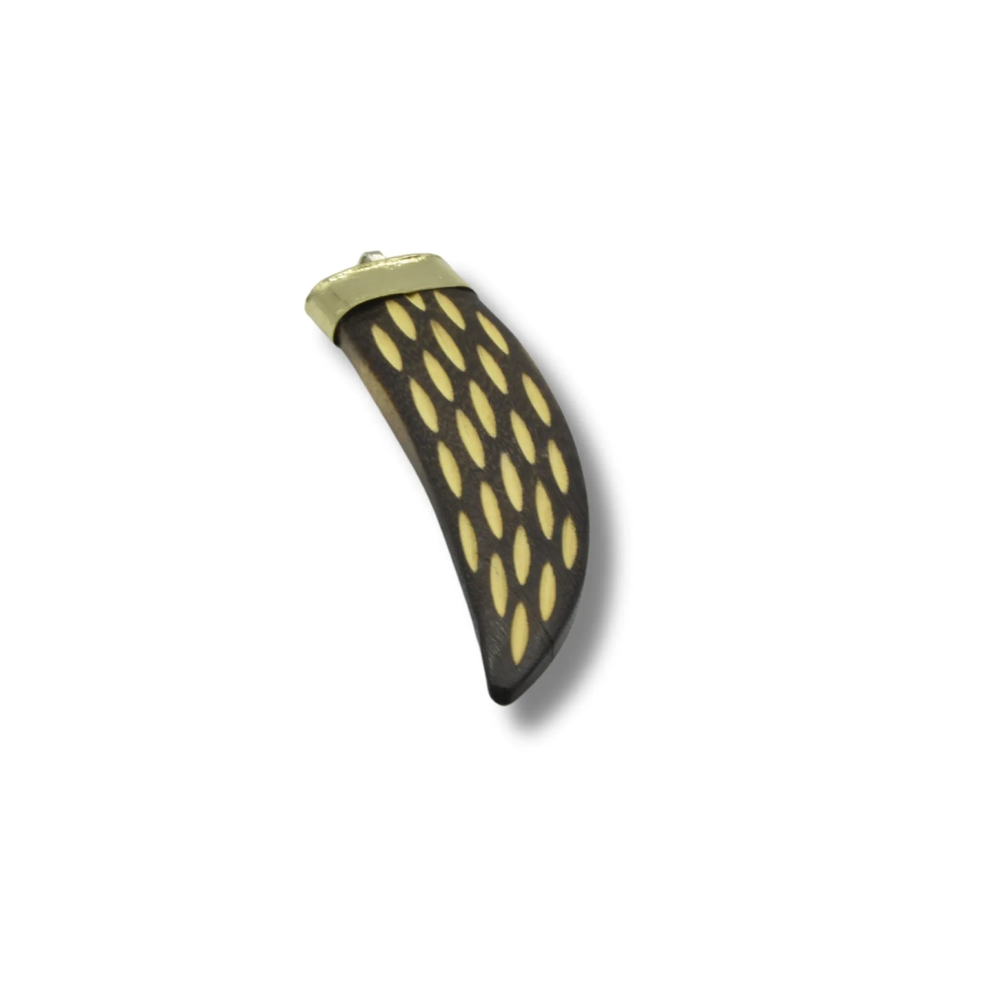 Notched Brown Flat Tusk/Claw Shaped Natural Carved Wood Pendant with Smooth Gold Cap