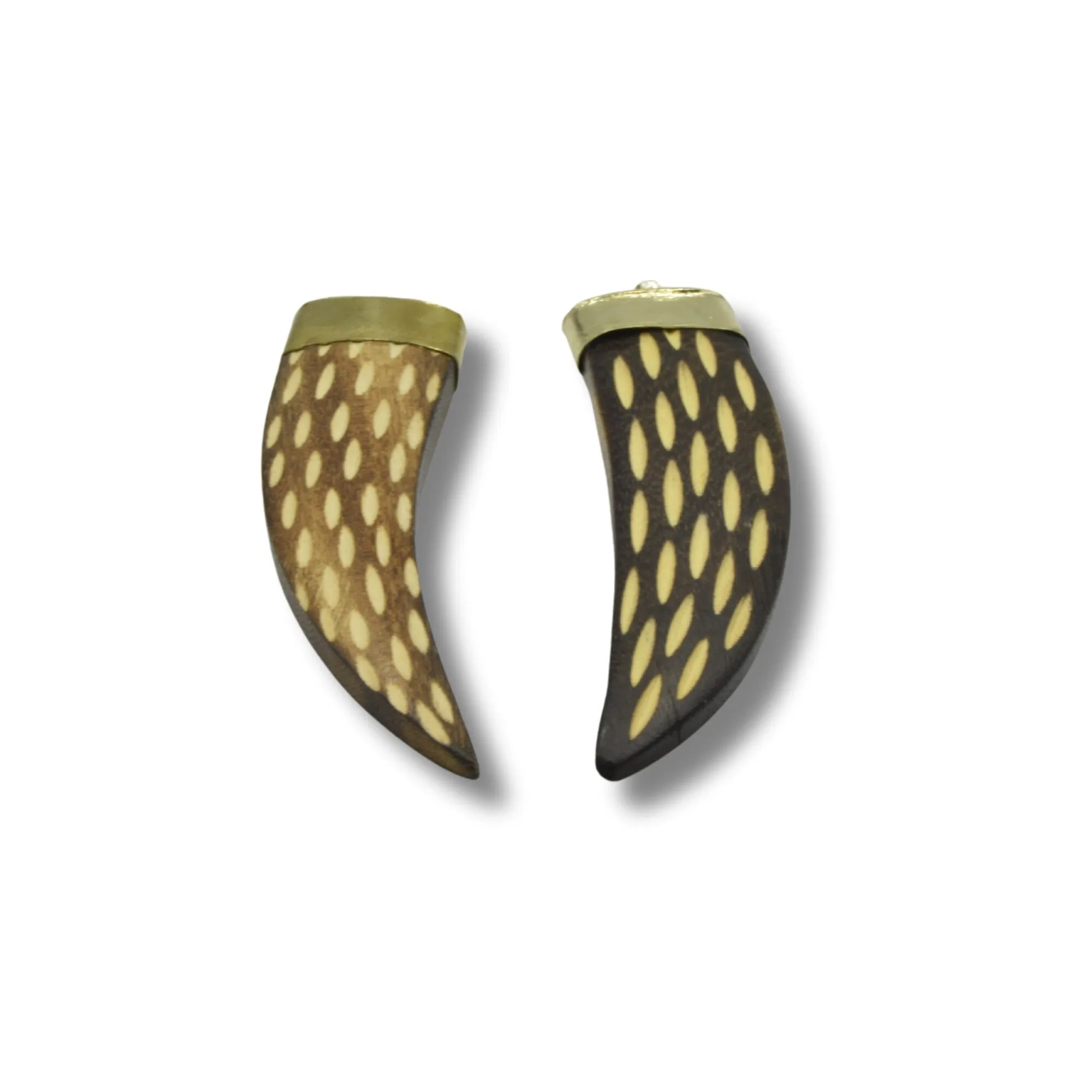 Notched Brown Flat Tusk/Claw Shaped Natural Carved Wood Pendant with Smooth Gold Cap
