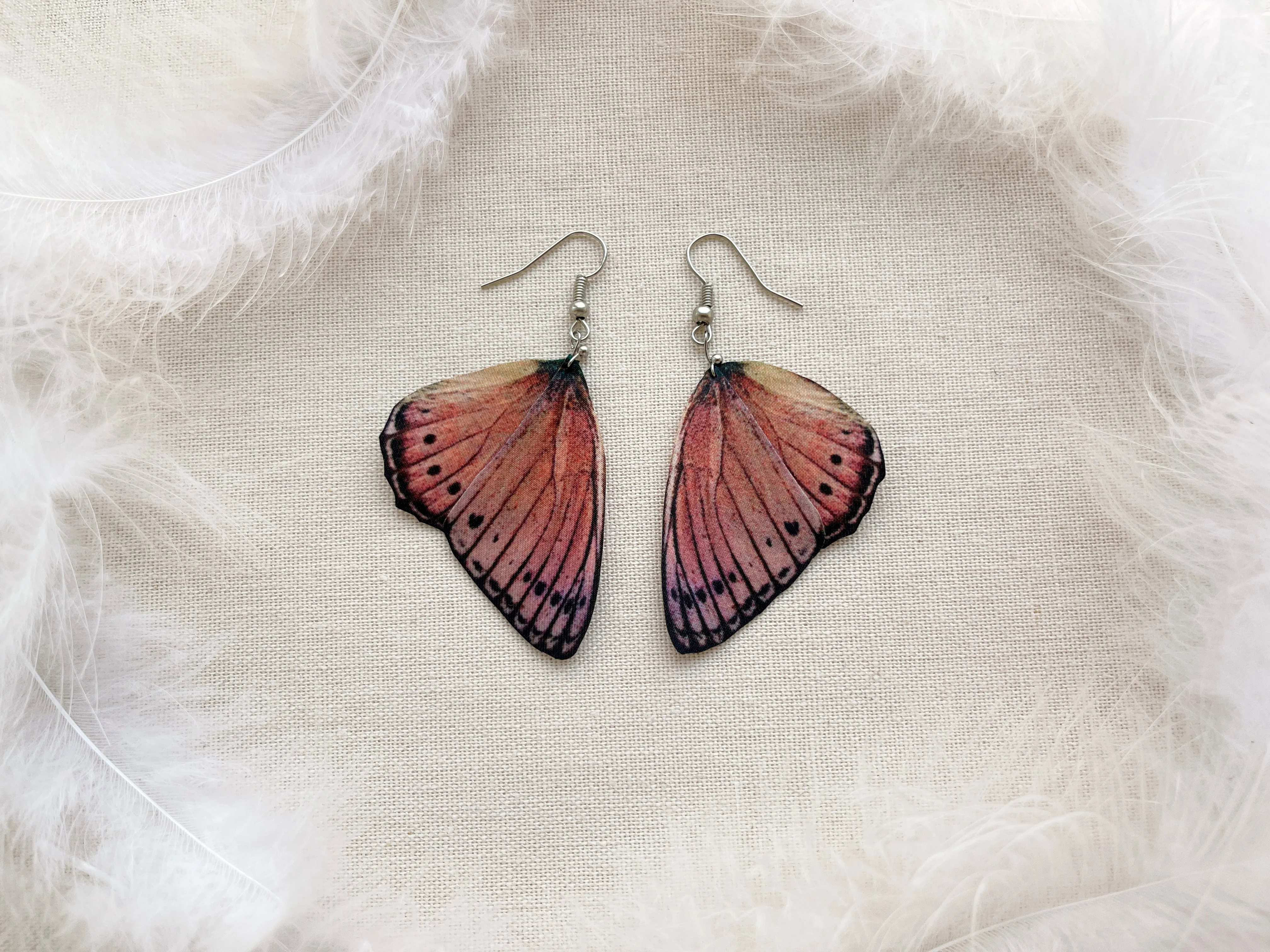 Pastel Pink Earrings with Faux Butterfly Wings Handmade of Silk Cute Gift For Anyone Who Love Butterflies