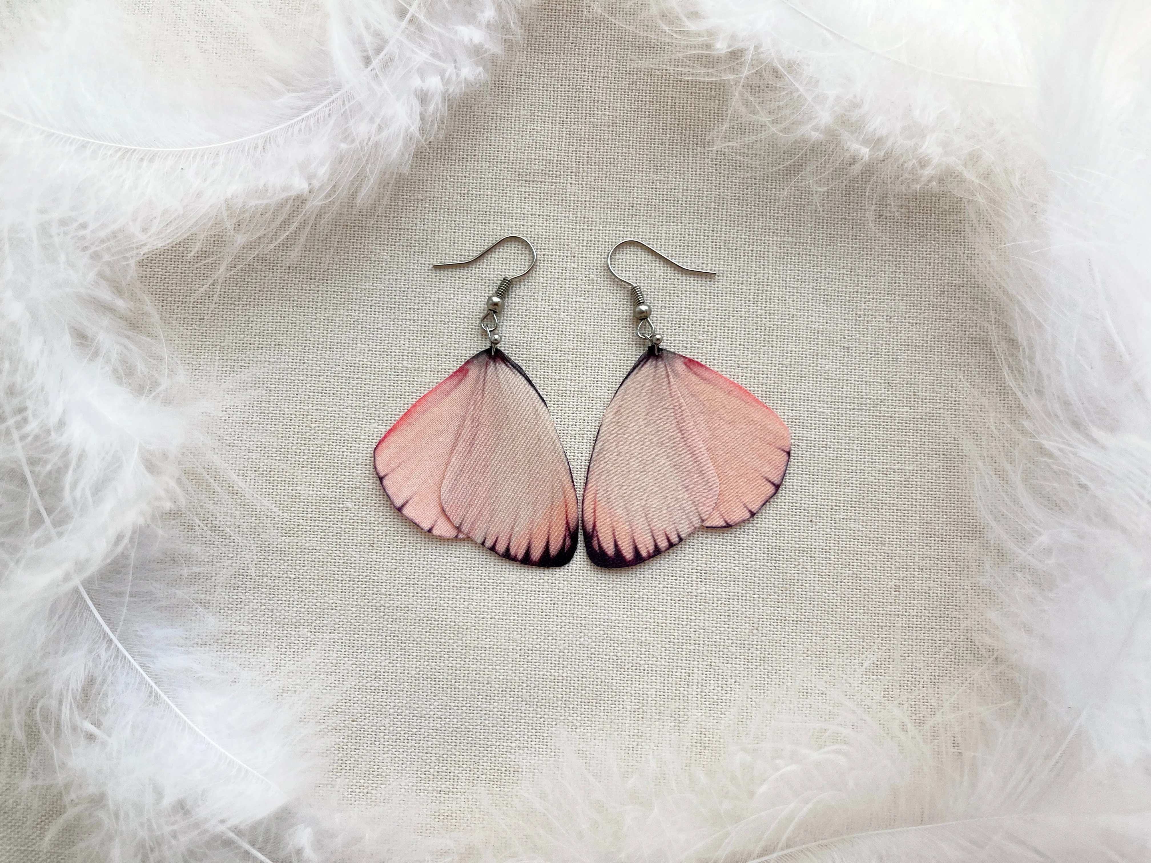 Pastel Pink Earrings with Faux Butterfly Wings Handmade of Silk Cute Gift For Anyone Who Love Butterflies