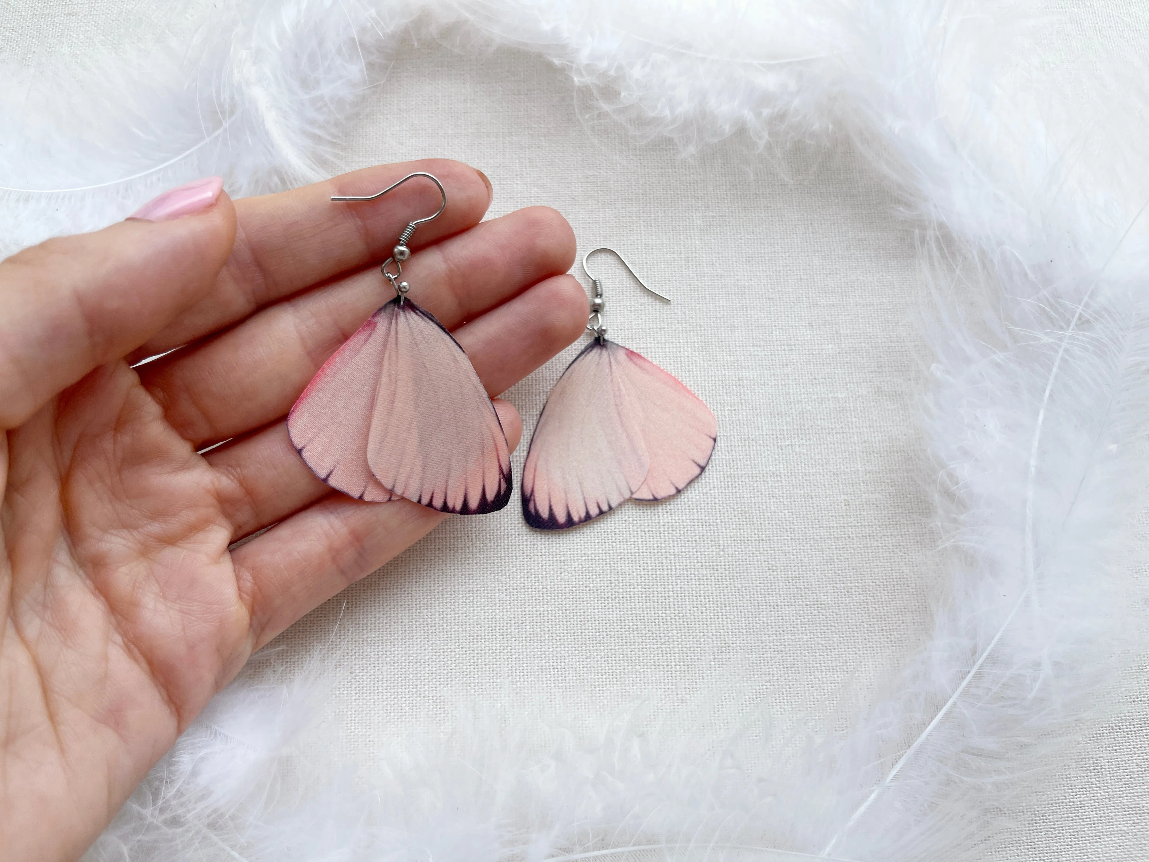 Pastel Pink Earrings with Faux Butterfly Wings Handmade of Silk Cute Gift For Anyone Who Love Butterflies
