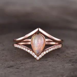 Pear Natural Pink Opal Engagement Ring Set Plain Gold 14k/18k Shaped Band