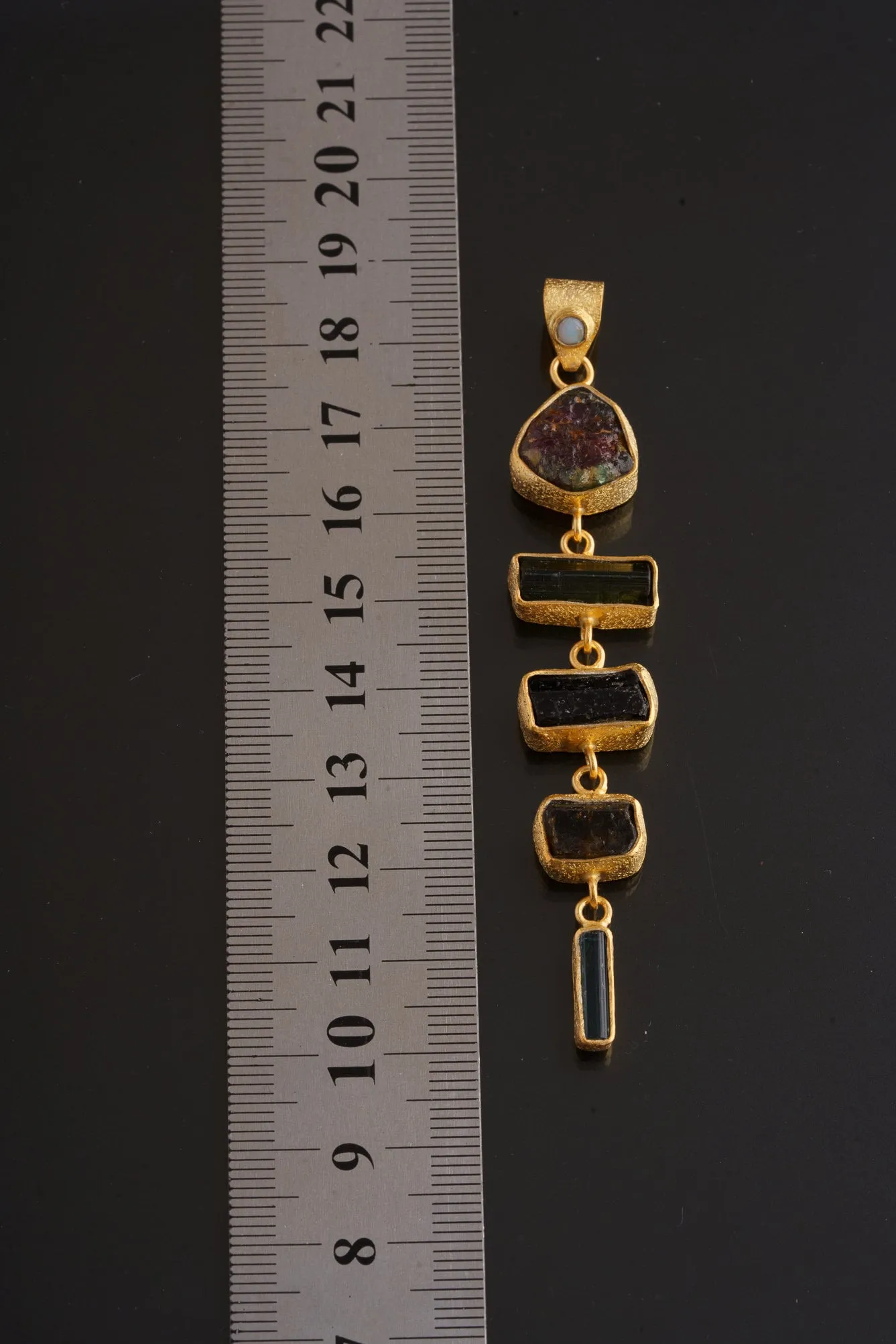 Rainbow Tourmaline Pendant in Textured 18 Carat Gold-Plated Sterling Silver, Six Unique Gemmy Tourmaline Crystals, Dangling Gold Charm