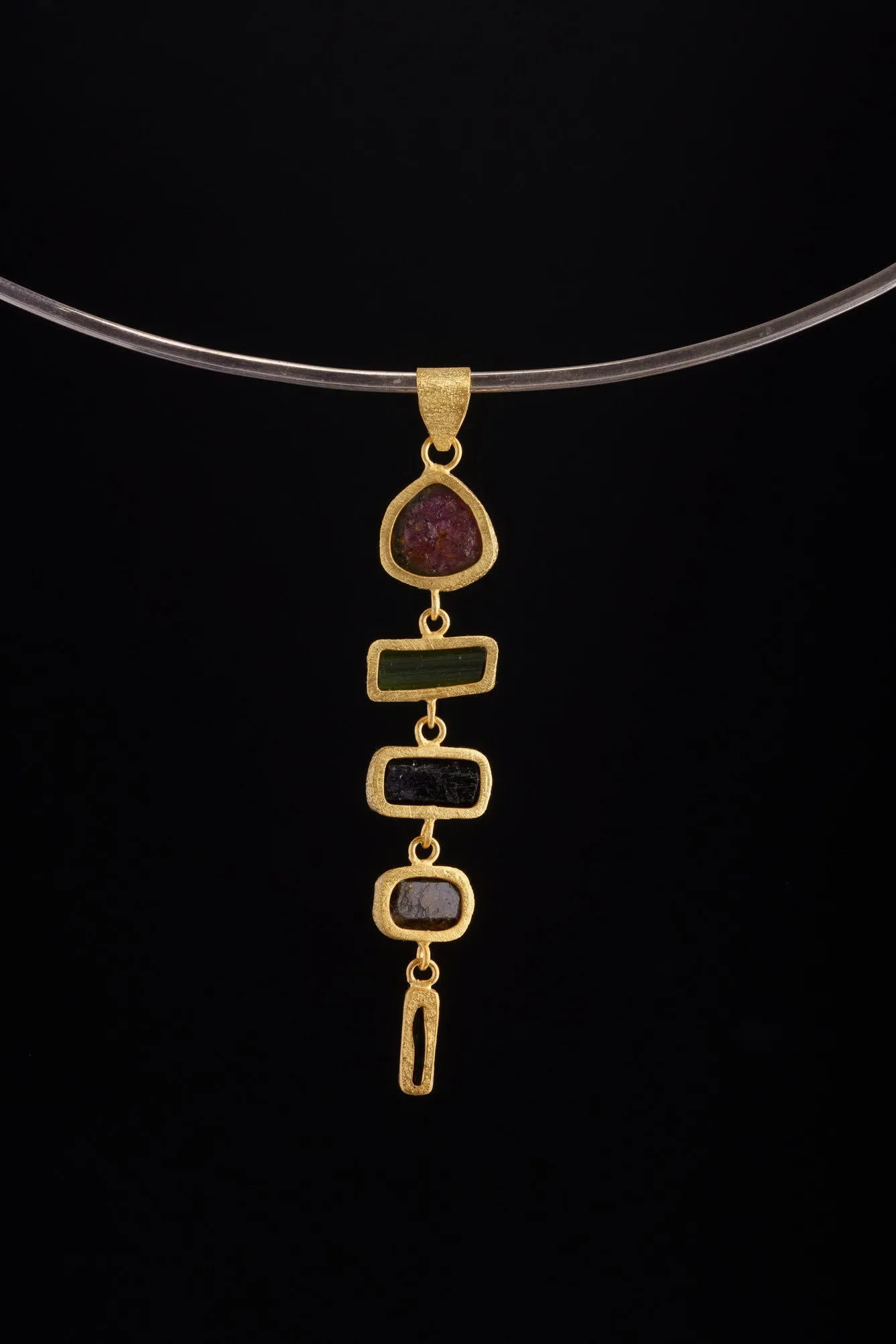 Rainbow Tourmaline Pendant in Textured 18 Carat Gold-Plated Sterling Silver, Six Unique Gemmy Tourmaline Crystals, Dangling Gold Charm