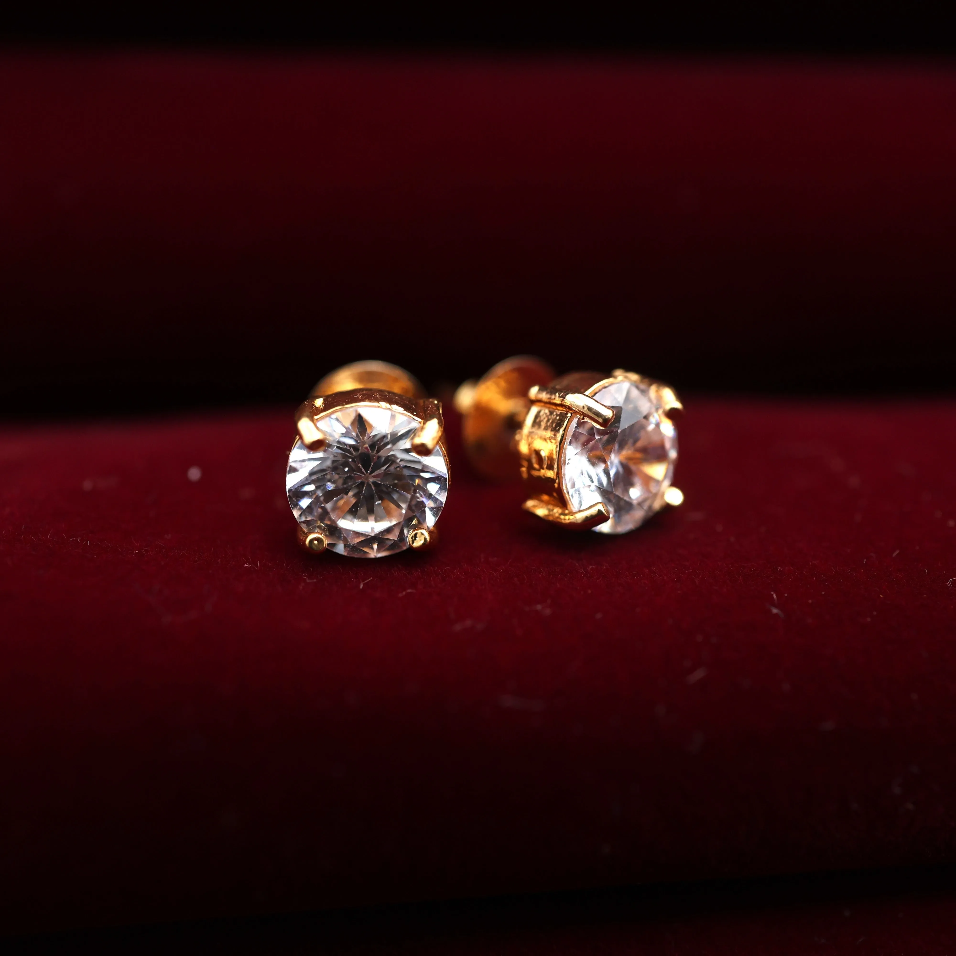Real Gold Tone Single Stone Studs - White
