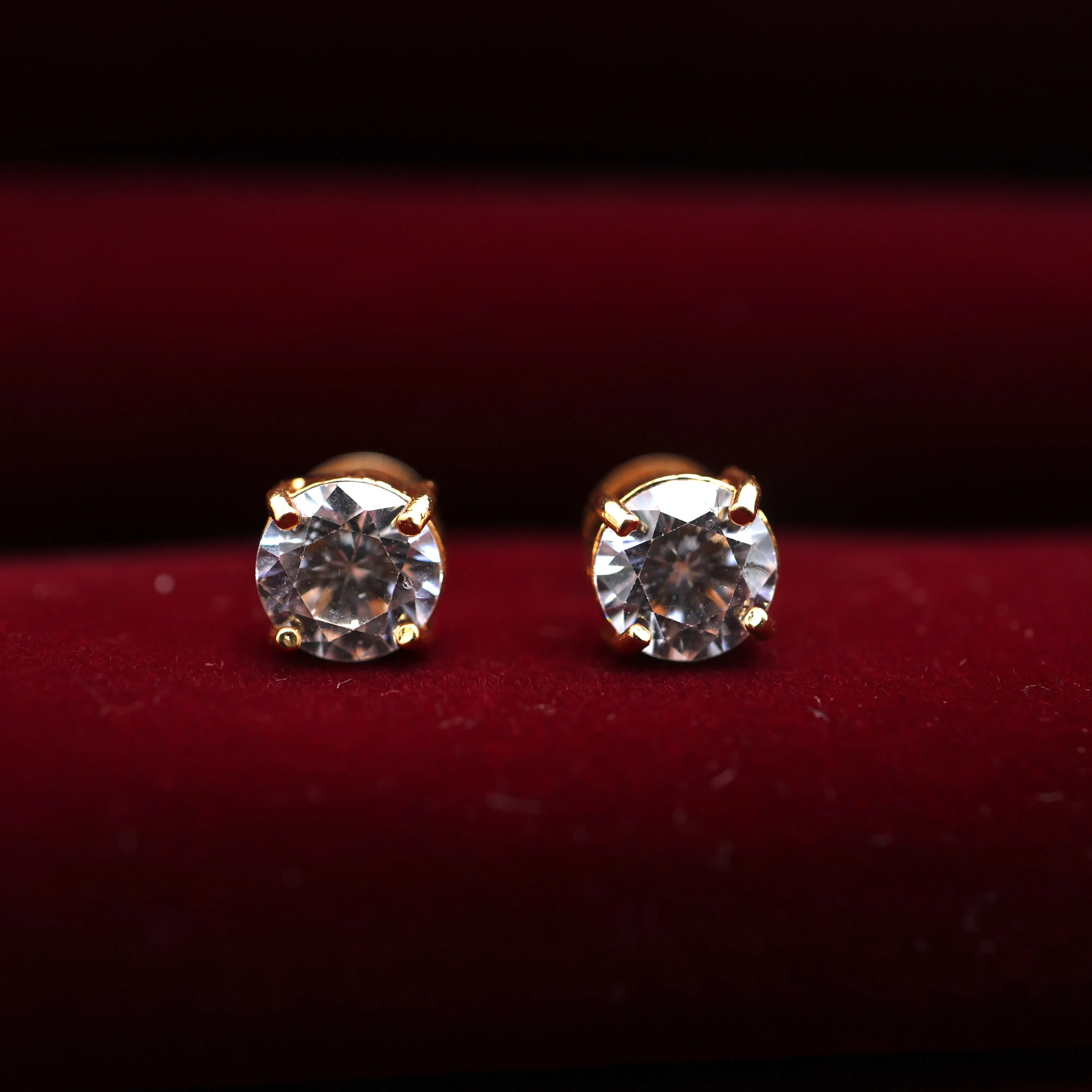 Real Gold Tone Single Stone Studs - White