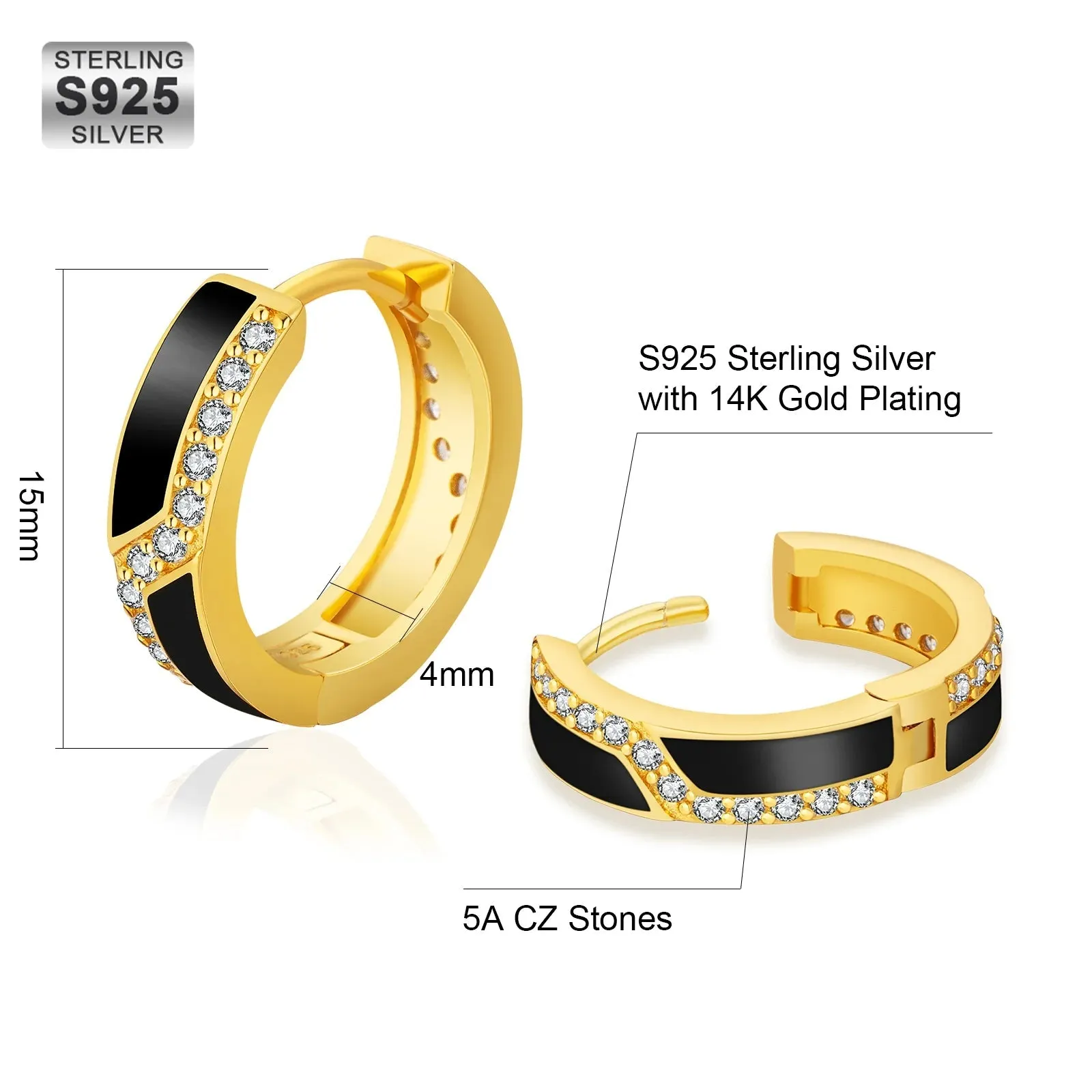 S925 Silver Iced Black Hoop Earrings in 14K Gold - 15mm