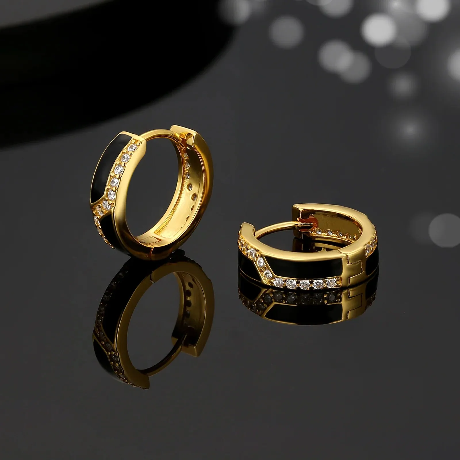 S925 Silver Iced Black Hoop Earrings in 14K Gold - 15mm