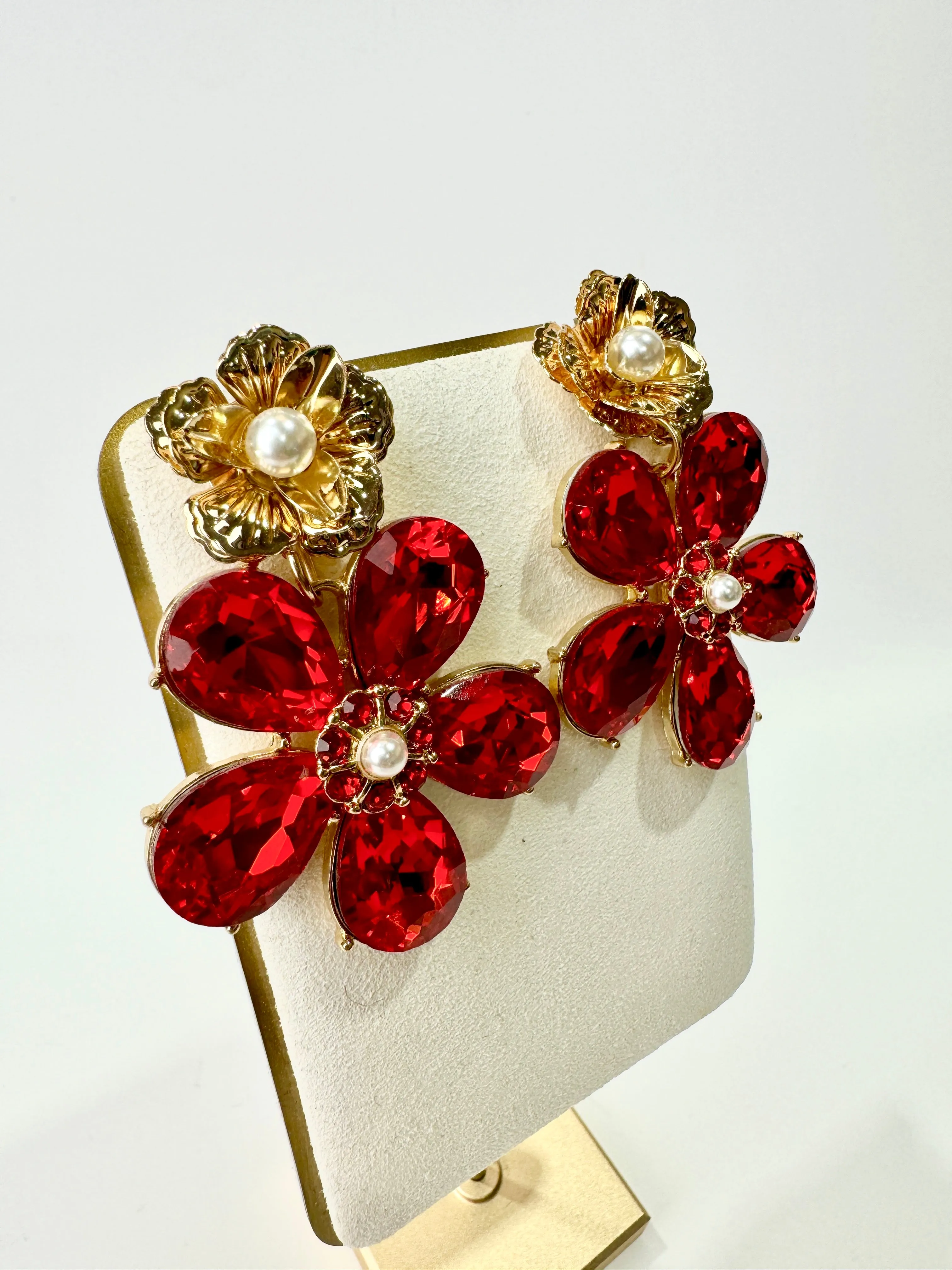 Scarlett - Red Crystal and Pearl Flower Earrings