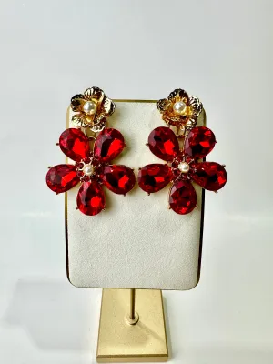 Scarlett - Red Crystal and Pearl Flower Earrings