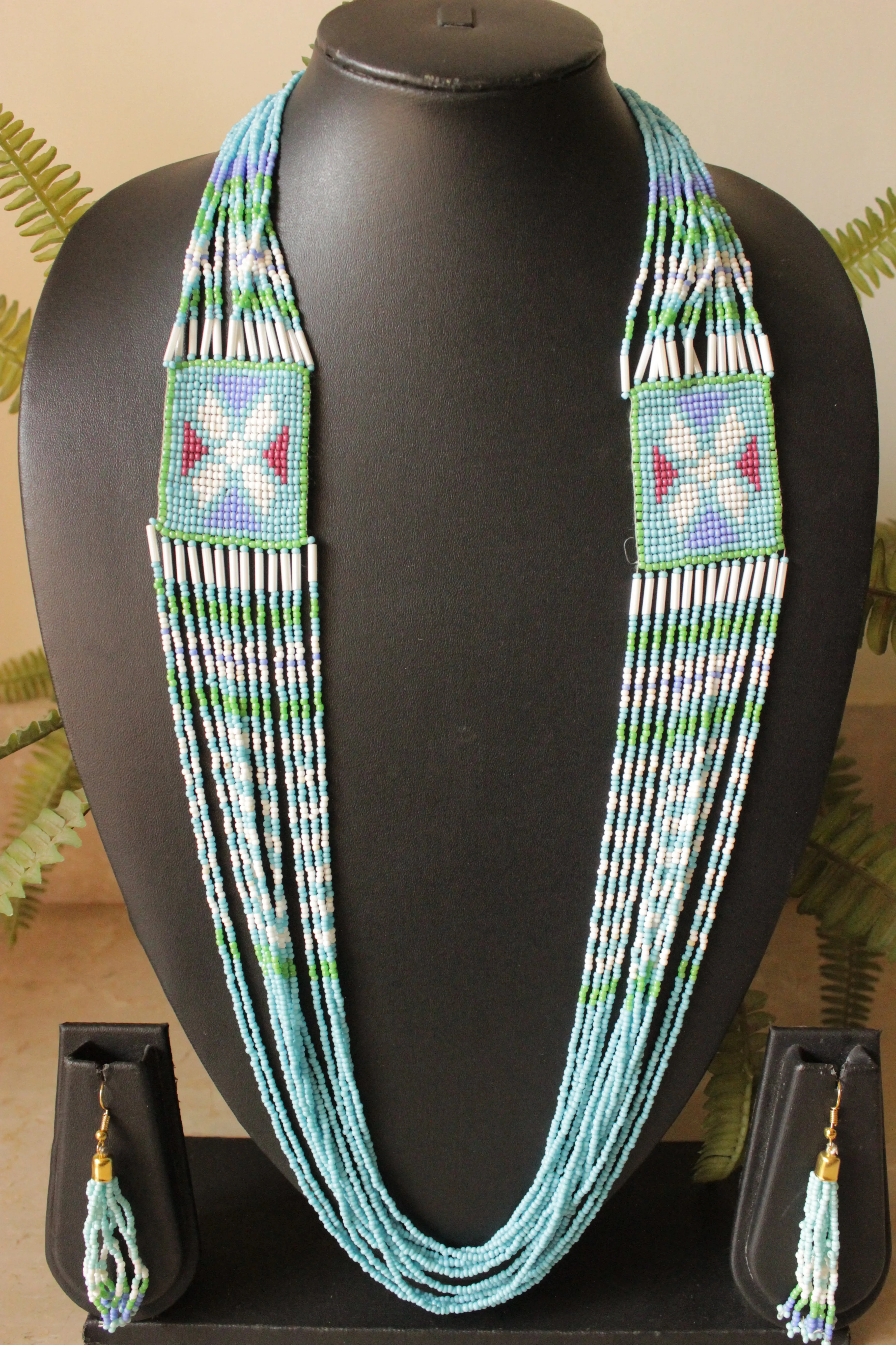 Sea Blue and White Seed Beads Handmade Beaded Necklace