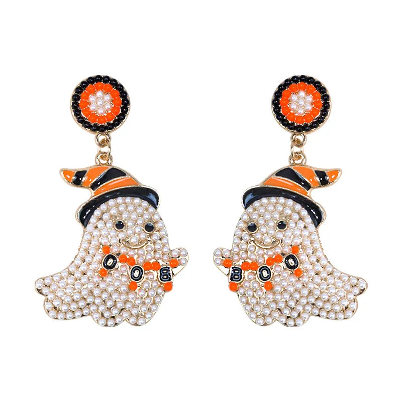 Spooky Chic Halloween ""BOO"" Bead Ghost Drop Earrings